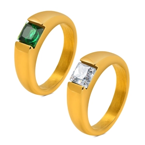 18k gold plated titanium ring set with emerald cut green zircon and white gemstone