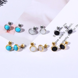 Minimalist turquoise and pearl stainless steel stud earrings set with screw back closure