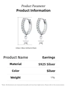 Détail de boucles d'oreilles étoile en argent S925 avec zircons et spécification de 1,75g