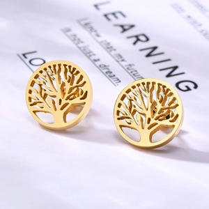 Boucles d'oreilles arbre de vie en acier inoxydable doré au design rond évidé