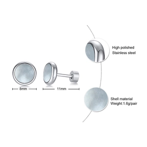 Polished stainless steel round stud earrings with shimmering shell inlay for women and men
