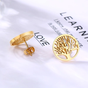 Paire de boucles d'oreilles clous en acier inoxydable doré avec motif arbre de vie