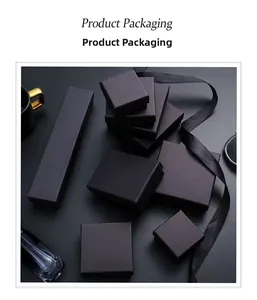 Series of matte black jewelry packaging boxes with elegant silk ribbon and golden accents
