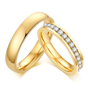 Stainless Steel Gold Plated Couple Rings For Men Women Minimalist Plain Band And Cubic Zirconia Pave Ring Valentine Jewelry