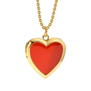 Golden stainless steel locket necklace with red enamel heart pendant on ball chain