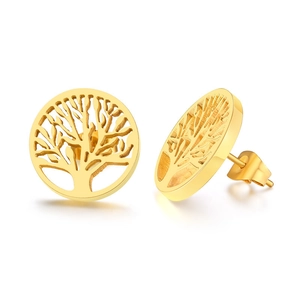 Boucles d'oreilles Arbre de Vie en acier inoxydable doré avec clous circulaires