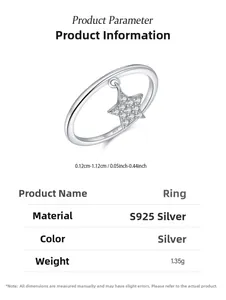 Détails de la bague en argent 925 avec une breloque étoile scintillante et micro-incrustations
