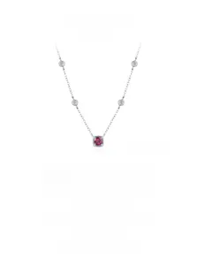 Close-up of 925 sterling silver necklace with square red corundum and small diamonds