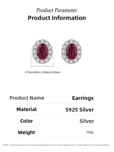 Macro view of S925 silver stud earrings with oval red zircon and diamond halo accents