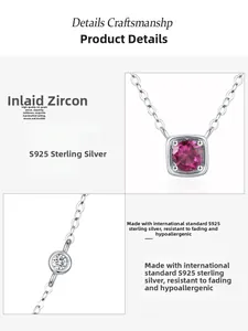 Detailed view of S925 sterling silver necklace with square pink cubic zirconia and small stones
