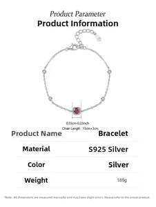 Detailed product parameters of S925 silver station bracelet with red square gemstone