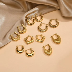 Stainless Steel U-Shaped Bamboo Hoop Earrings For Women 18K IP Gold Plated Geometric Textured Minimalist Daily Fashion Jewelry Earrings