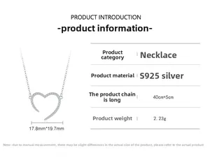 Tableau des tailles détaillé pour pendentif cœur en argent S925 avec zircons cubiques