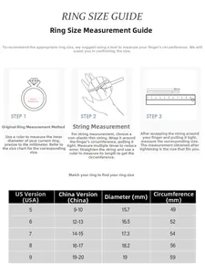 Guide des tailles de bagues avec étapes de mesure et tableau de conversion US et Chine