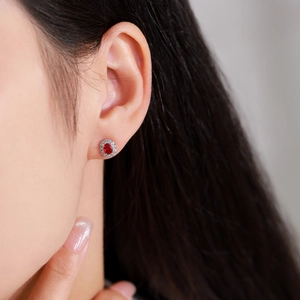 Luxury 925 sterling silver halo earrings with oval red ruby and sparkling zircon stones