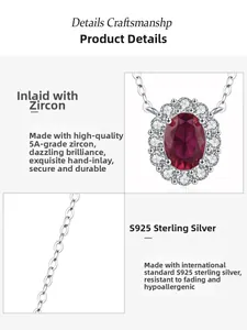 Close-up of S925 sterling silver necklace featuring oval ruby pendant with halo setting