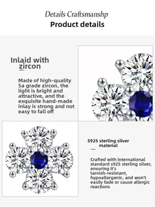 Macro detail of S925 silver clover stud earrings featuring blue gems and 5A cubic zirconia