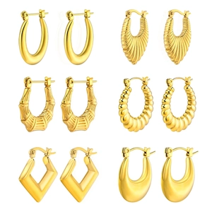 Set of six gold plated U-shaped bamboo textured stainless steel hoop earrings for women
