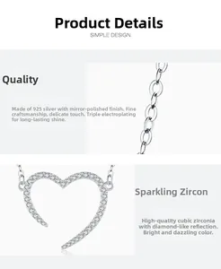 Détail du collier cœur en argent 925 avec zircones cubiques et poli miroir