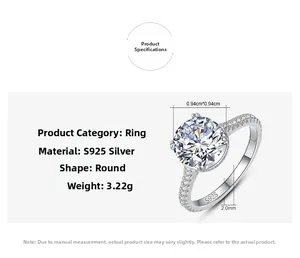 Detail of S925 sterling silver ring showing 2 carat round stone and 3.22g weight label