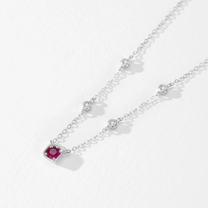 Elegant 925 silver necklace with square red gemstone and white sapphire accents