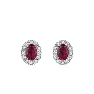 Luxury 925 sterling silver stud earrings with oval red zircon and sparkling halo stones