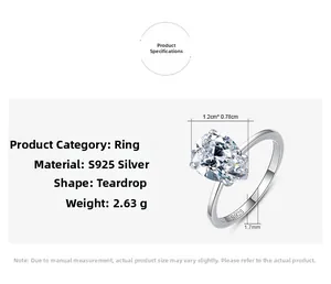 Detailed specs of S925 silver ring featuring a 3-carat pear-cut teardrop cubic zirconia