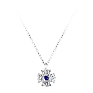 Collier Pendentif Tournesol en Argent Sterling 925 pour Femmes avec Zirconia Incrusté Pierre Bleue Trèfle à Quatre Feuilles Bijoux