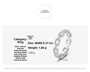 Detailed size specifications for S925 sterling silver chain ring with pavé zircons