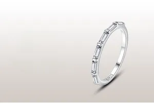 Macro shot of S925 sterling silver ring showing five rectangular baguette zircon stones