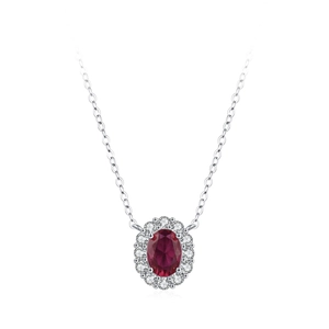 925 silver halo necklace featuring an oval red ruby pendant on a white background