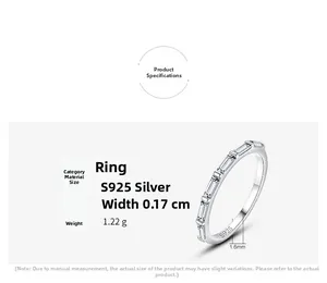 Detail view of S925 sterling silver ring featuring a 0.17cm band and rectangle cut stones