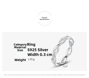 Detail showing S925 sterling silver ring dimensions 3mm width and weight 1.55g