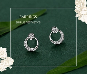 Detail of S925 sterling silver moon stud earrings with white zircon on green background