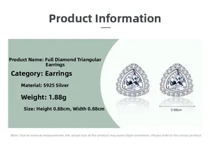 Detail specifications for S925 silver triangle stud earrings showing size and 1.88g weight
