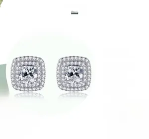 Macro shot of S925 sterling silver square stud earrings with cushion cut cubic zirconia