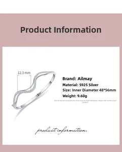 Detailed specs of S925 silver wavy bracelet with 48x56mm inner diameter and 9.60g weight