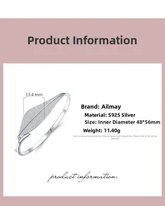 Detail of S925 sterling silver leaf bangle with micro-pave cubic zirconia accents