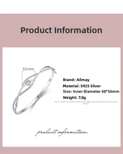 Detail view of S925 sterling silver wavy bangle with dimensions and technical specifications