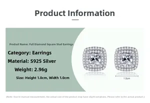 Detail showing S925 sterling silver square stud earrings with pave zircon and size specs