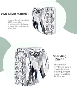 Macro detail of S925 sterling silver square earrings with prong-set cubic zirconia stones