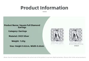 Macro detail of S925 sterling silver square stud earrings with pave zircon 0.62cm