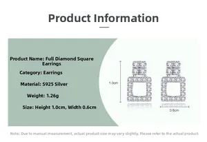 Macro shot of S925 sterling silver square stud earrings with zircons and size details