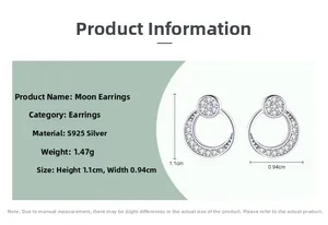 Detailed dimensions of S925 sterling silver moon stud earrings with cubic zirconia stones