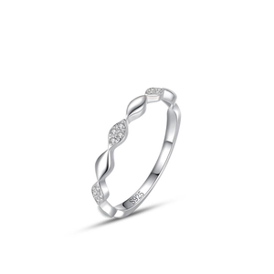 Minimalist 925 sterling silver wave ring featuring micro-pave diamonds on white background