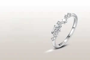 Macro shot of S925 sterling silver ring with star motifs and sparkling zircon details