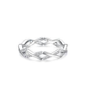 Minimalist S925 sterling silver interlocking wave ring with sparkling cubic zirconia pavé