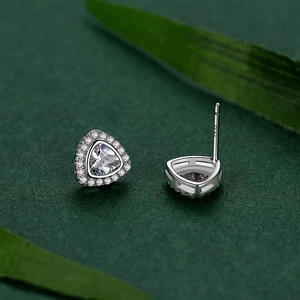 S925 sterling silver triangle stud earrings with sparkling cubic zirconia pavé