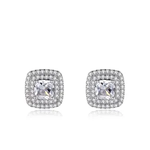 S925 Sterling Silver Square Halo Stud Earrings For Women Rhinestone Cushion Cut Geometric Earrings Fine Jewelry Gift