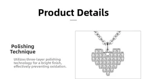 Detail of 925 silver heart necklace with pixelated edge and micro-pave zirconia crystals